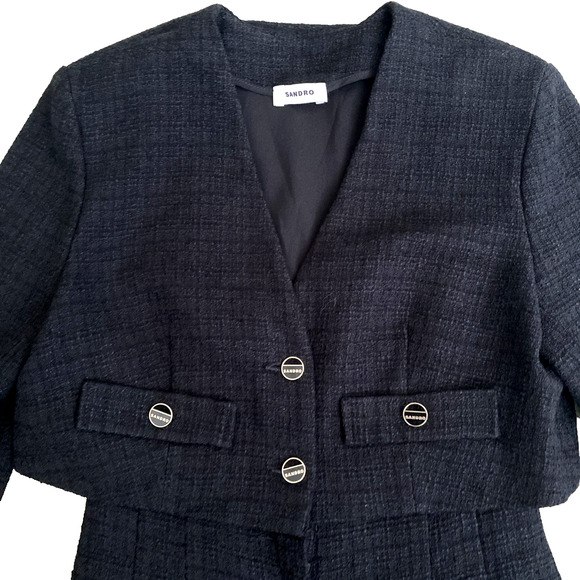 Sandro Seal Tweed Romper Black Long Sleeve Button Pockets V Neck 36 4 S - Picture 6 of 14